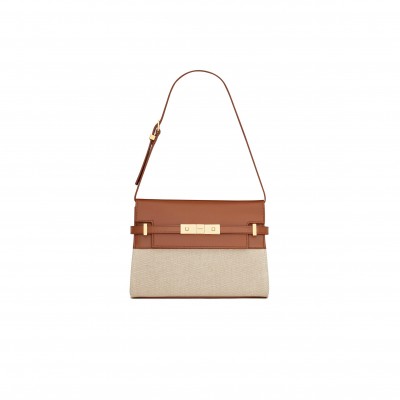 YSL MANHATTAN SMALL IN LEATHER AND CANVAS SHOULDER BAG 675626545854102 (24*17.5*6cm)